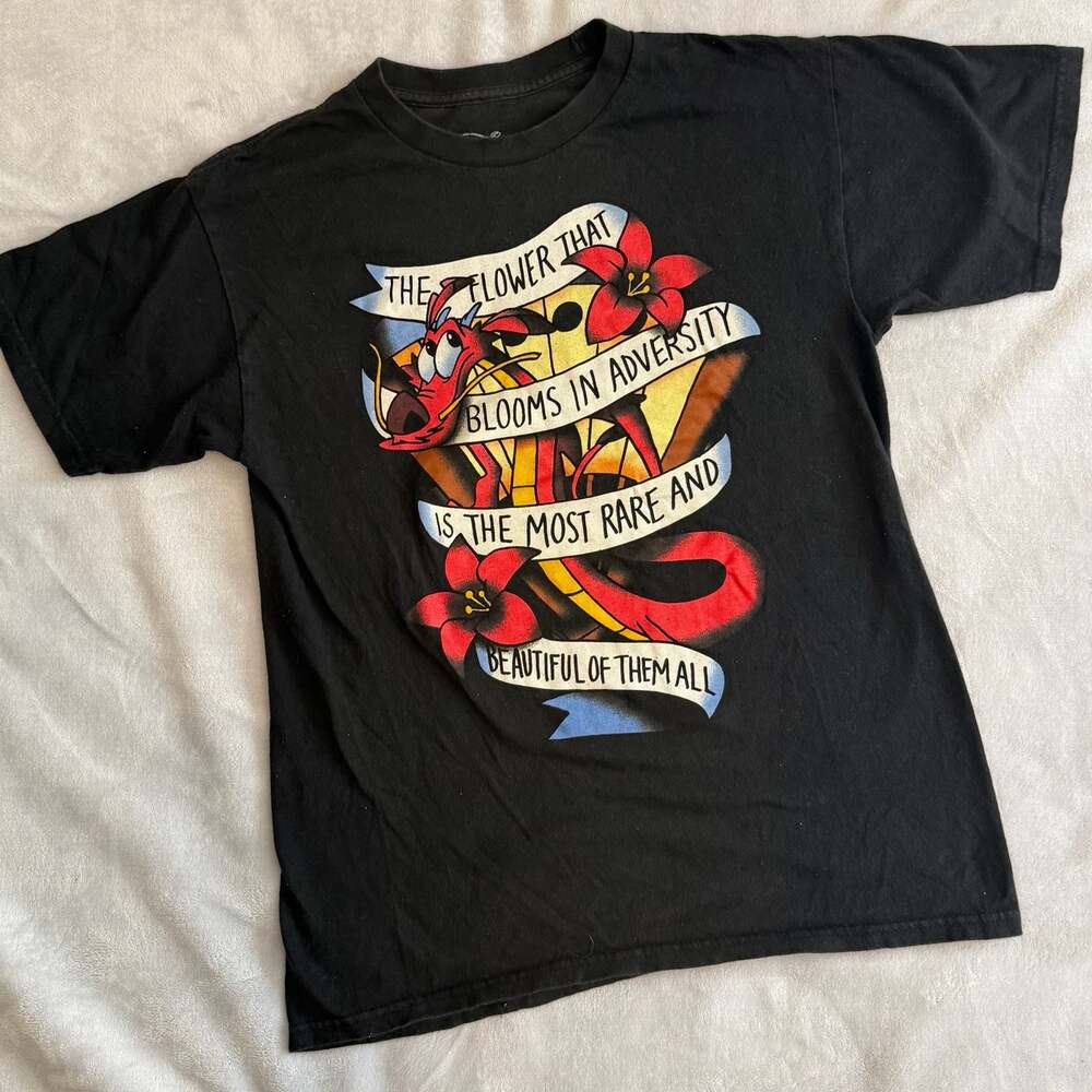 Disney Mulan Mushu Bloom Tattoo Graphic T-Shirt Black Medium